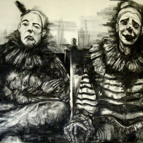 black and white drawing of clowns by student artist Javier