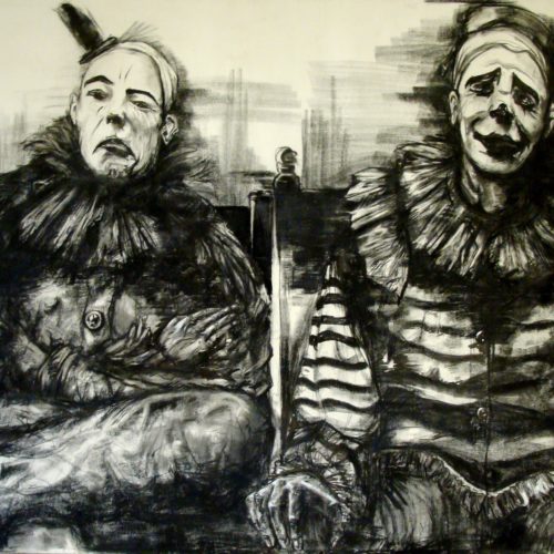 Javier's clowns black and white drawing of clowns by student artist Javier