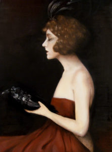 Karissas oil paint of a lady wearing a burgundy dress and holding a black raven