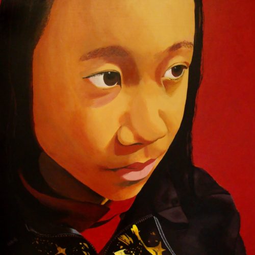 close up of a bright painting of a young Asian girls self portrait